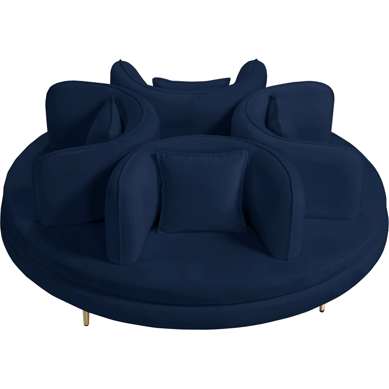 Meridian Furniture Circlet Navy Velvet Roundabout Sofa with Gold Iron Legs