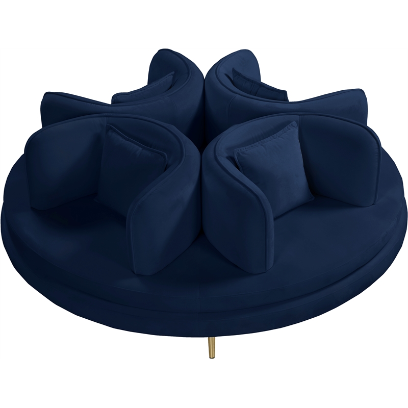 Meridian Furniture Circlet Navy Velvet Roundabout Sofa with Gold Iron Legs