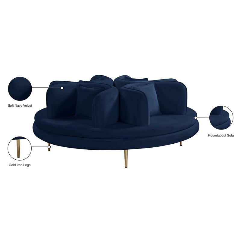 Meridian Furniture Circlet Navy Velvet Roundabout Sofa with Gold Iron Legs