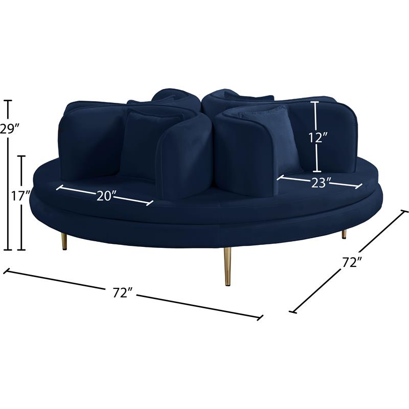 Meridian Furniture Circlet Navy Velvet Roundabout Sofa with Gold Iron Legs