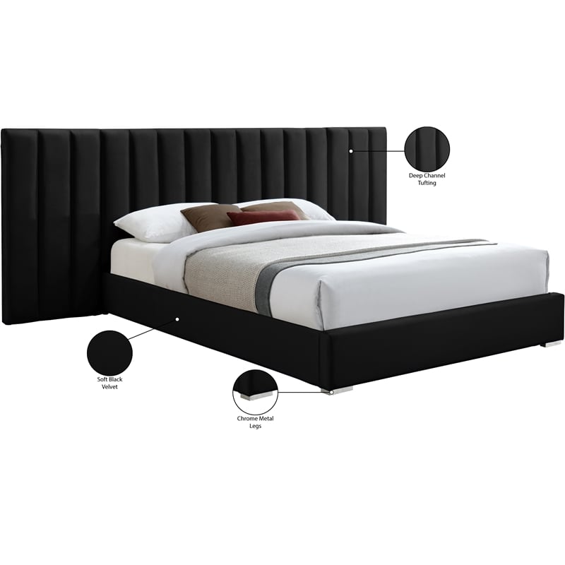 Meridian Furniture Pablo Black Velvet King Bed with Chrome Metal Legs