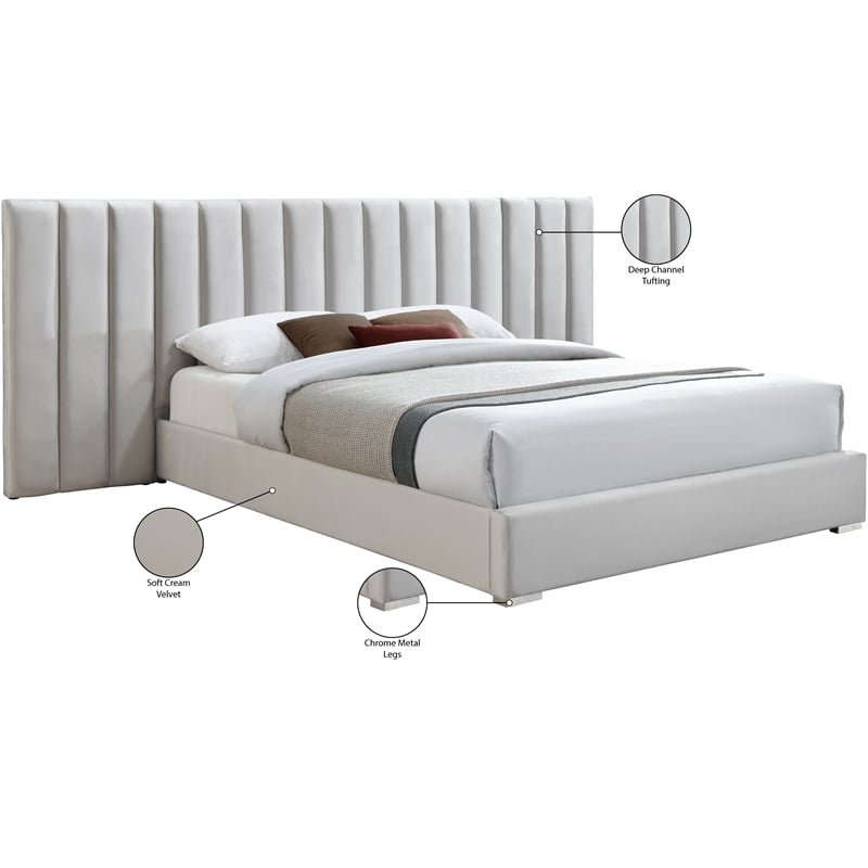 Meridian Furniture Pablo Cream Velvet Queen Bed with Chrome Metal Legs