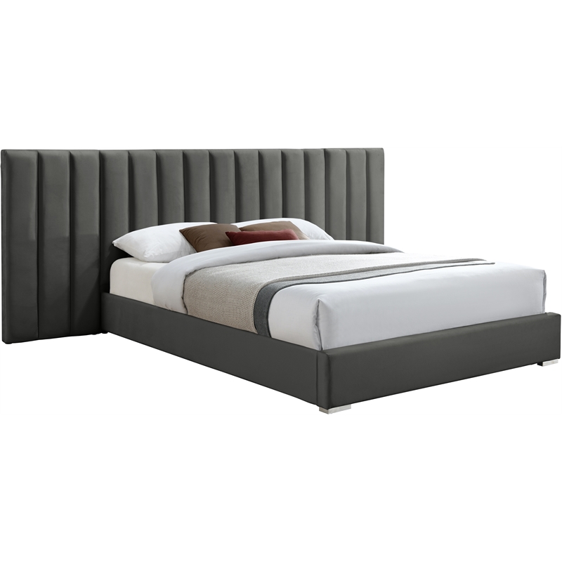Meridian Furniture Pablo Gray Velvet Queen Bed with Chrome Metal Legs