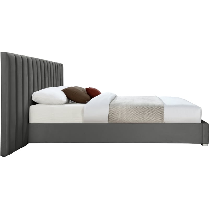 Meridian Furniture Pablo Gray Velvet Queen Bed with Chrome Metal Legs