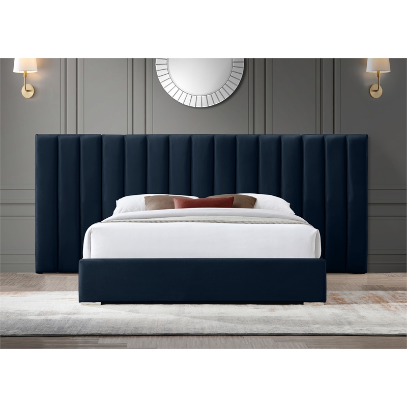 Meridian Furniture Pablo Navy Velvet Queen Bed with Chrome Metal Legs