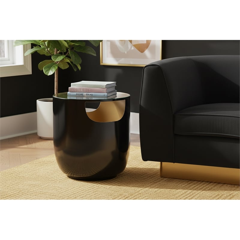 Meridian Furniture Doma Round Matte Black Metal End Table with Glass Top