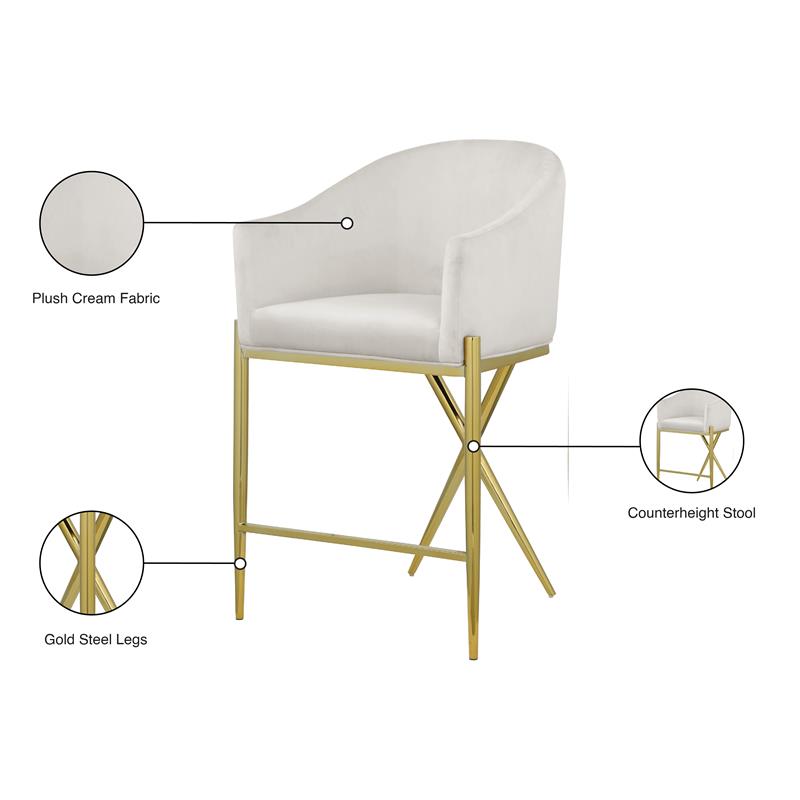 Meridian Furniture Xavier Cream Velvet Counter Stool with Gold Metal Legs