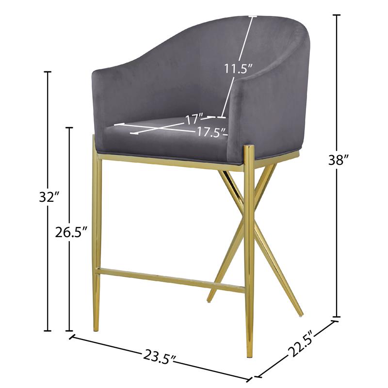 Meridian Furniture Xavier Gray Velvet Counter Stool with Gold Metal