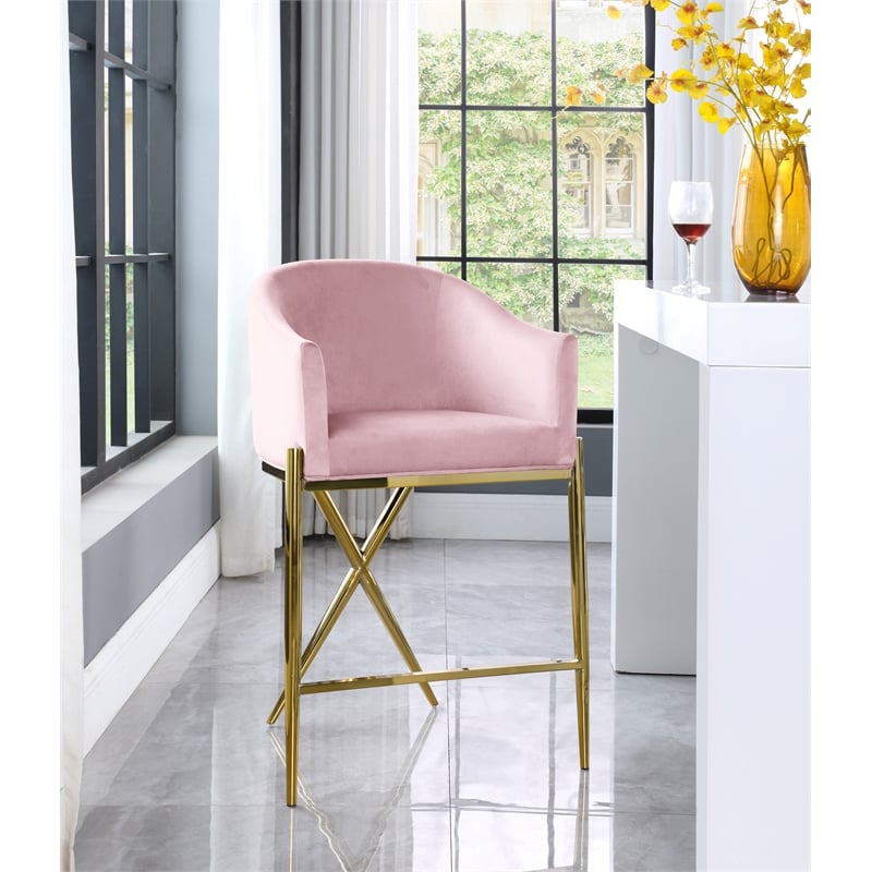 meridian furniture xavier pink velvet counter stool with gold metal legs