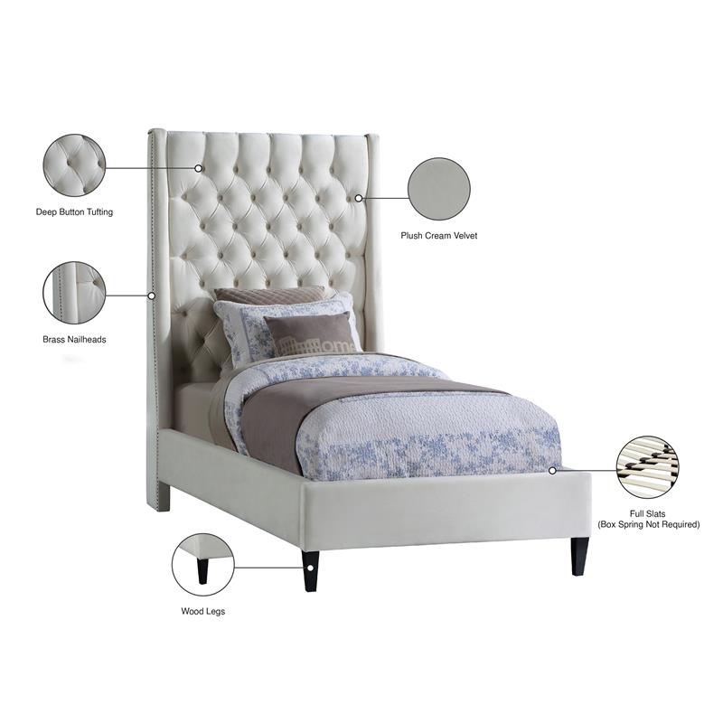 Meridian Furniture Fritz Cream Velvet Twin Bed