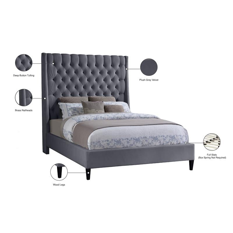 Meridian Furniture Fritz Gray Velvet Queen Bed