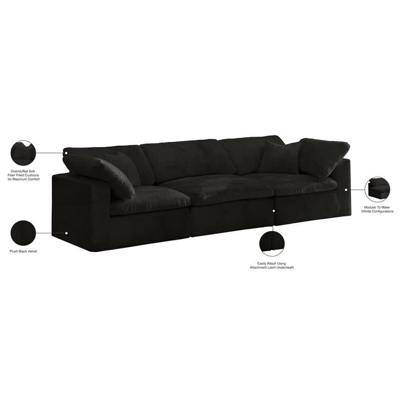 Meridian Furniture Cozy Black Velvet Modular 3 Piece Sofa