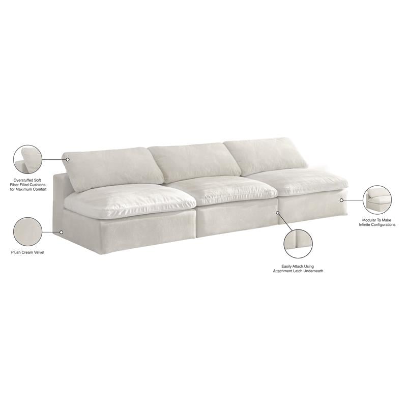Meridian Furniture Cozy Cream Velvet Modular 3 Piece Armless Sofa
