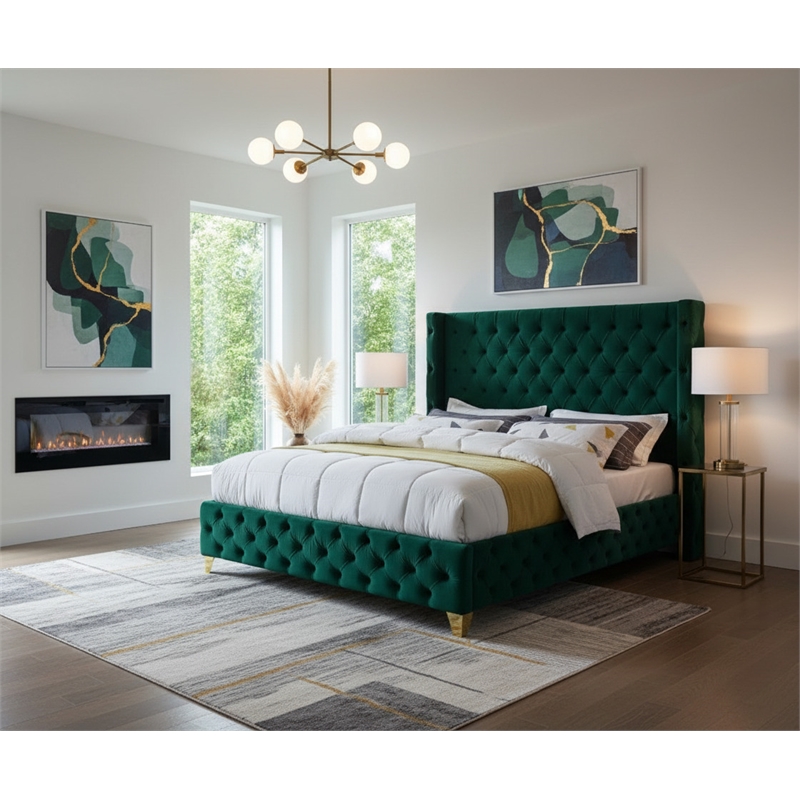 Meridian Furniture Savan Green Velvet Queen Bed