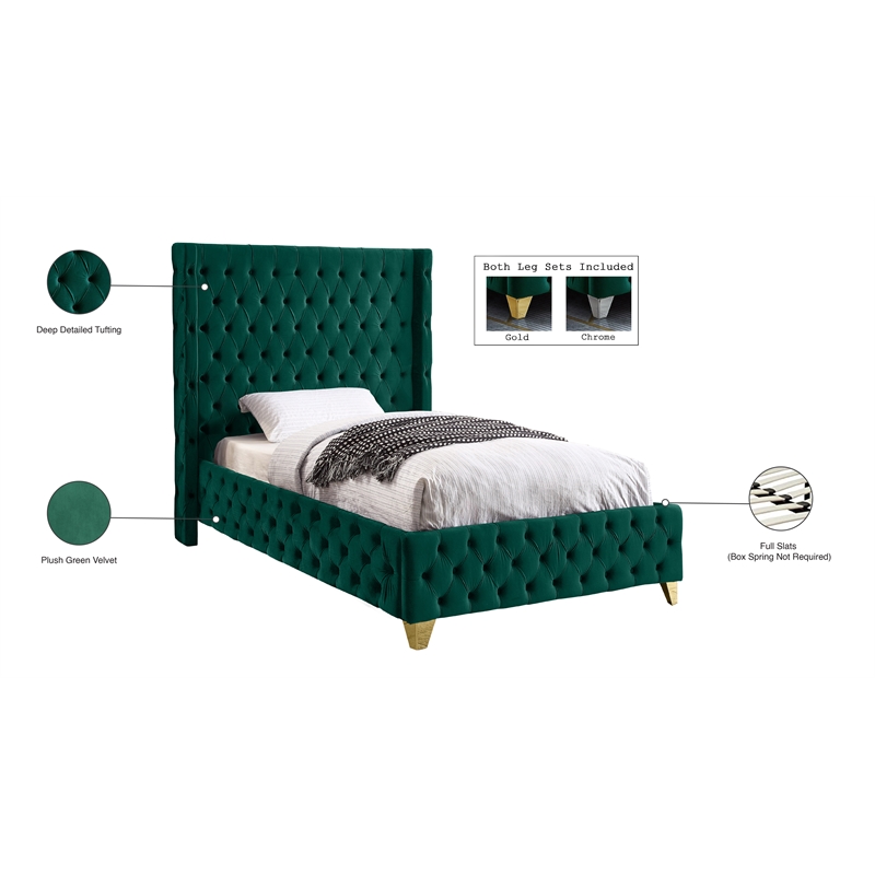 Meridian Furniture Savan Green Velvet Twin Bed