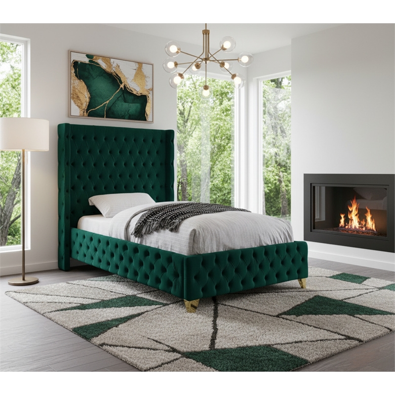 Meridian Furniture Savan Green Velvet Twin Bed
