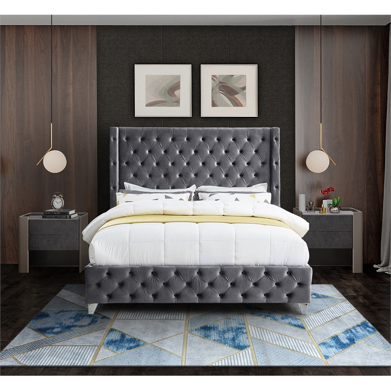 Meridian Furniture Savan Gray Velvet Full Bed