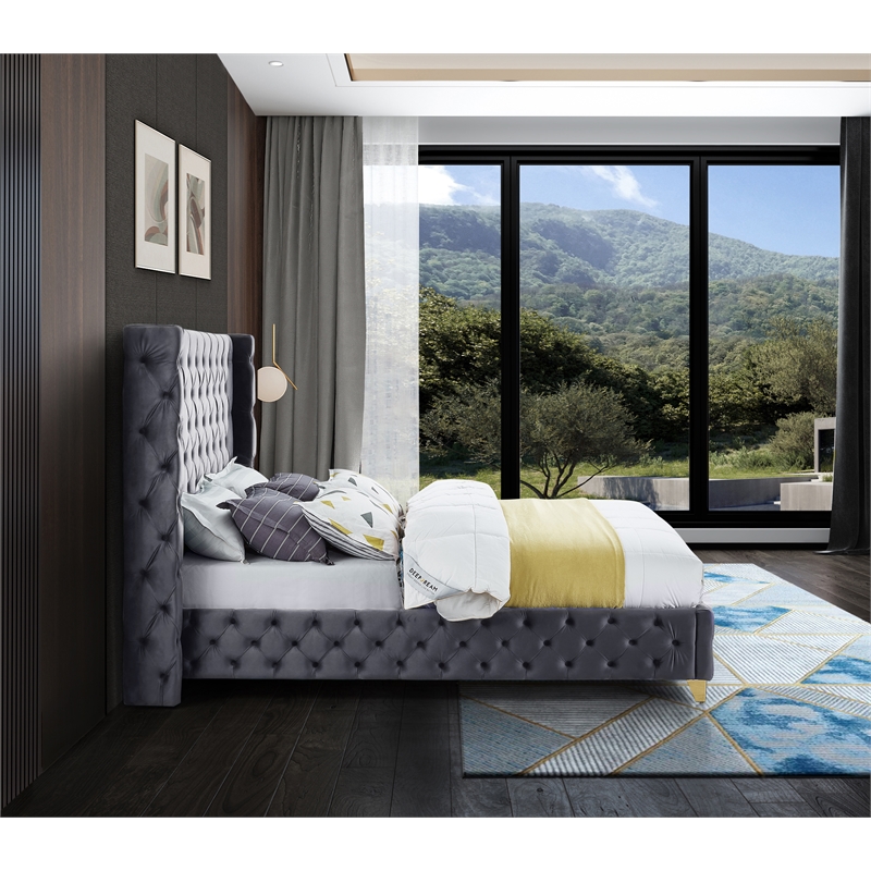 Meridian Furniture Savan Gray Velvet Full Bed