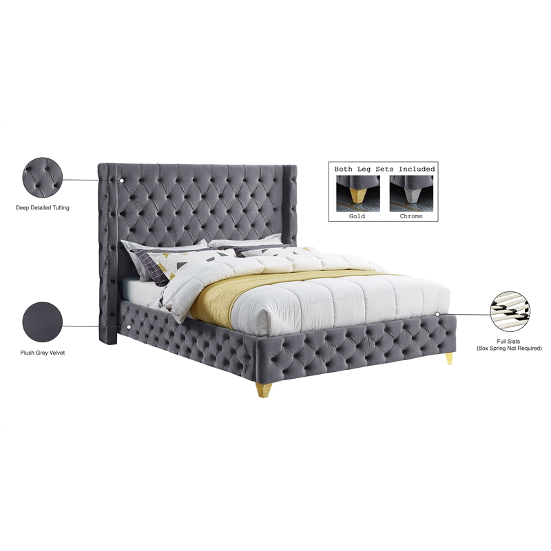 Meridian Furniture Savan Gray Velvet Full Bed