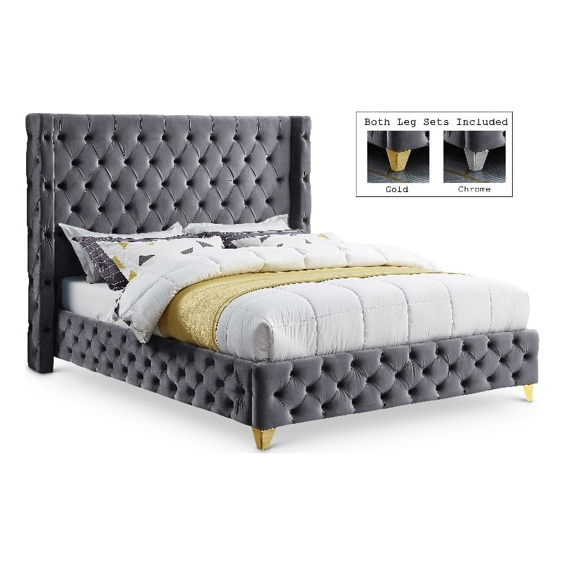 Meridian Furniture Savan Gray Velvet Full Bed