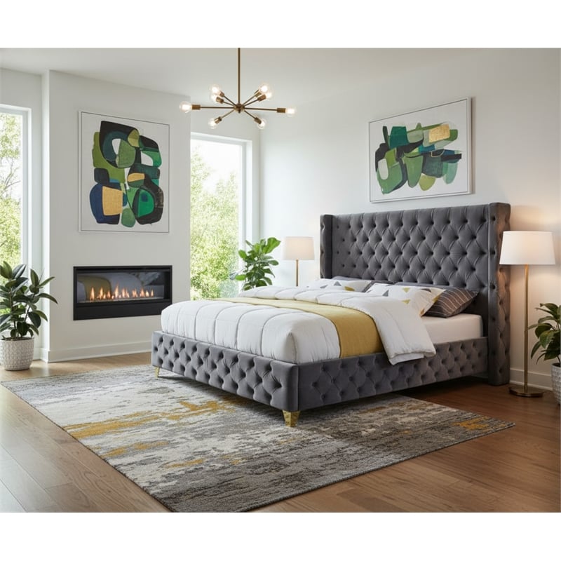 Meridian Furniture Savan Gray Velvet King Bed