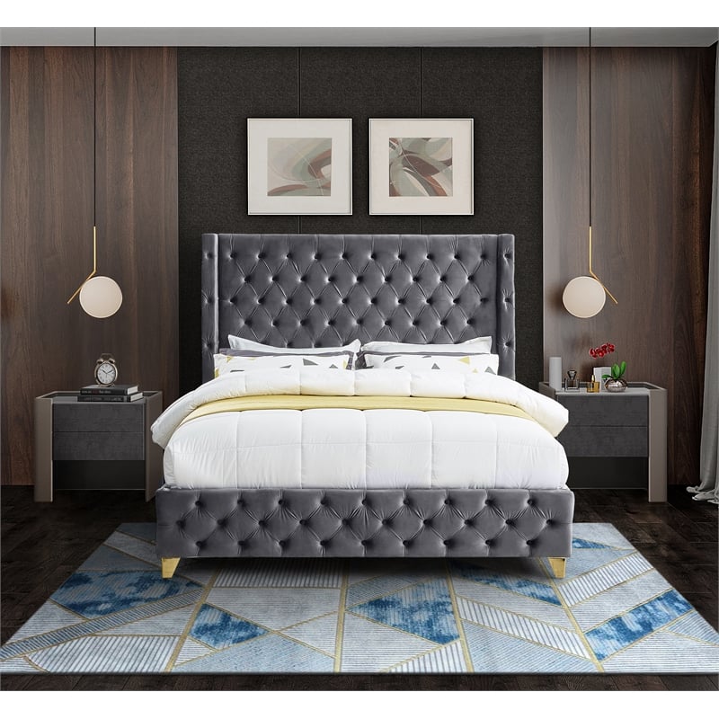 Meridian Furniture Savan Gray Velvet Queen Bed