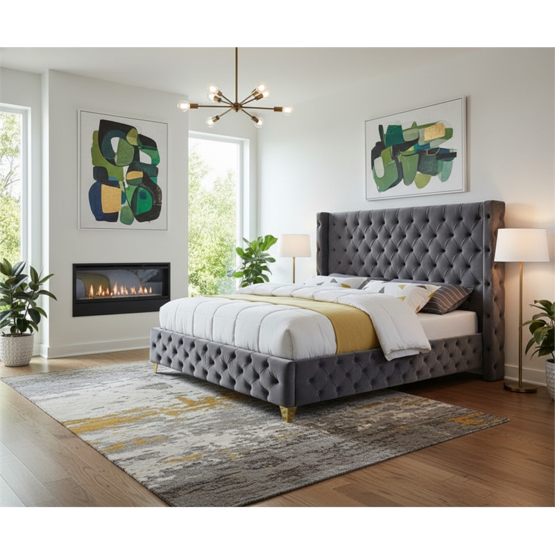 Meridian Furniture Savan Gray Velvet Queen Bed