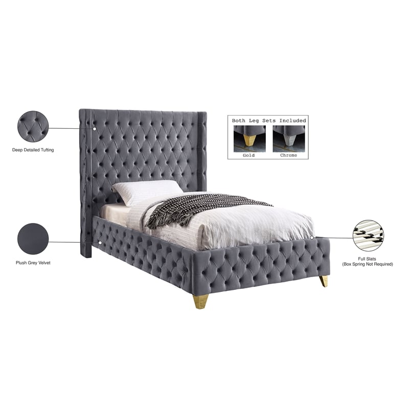 Meridian Furniture Savan Gray Velvet Twin Bed