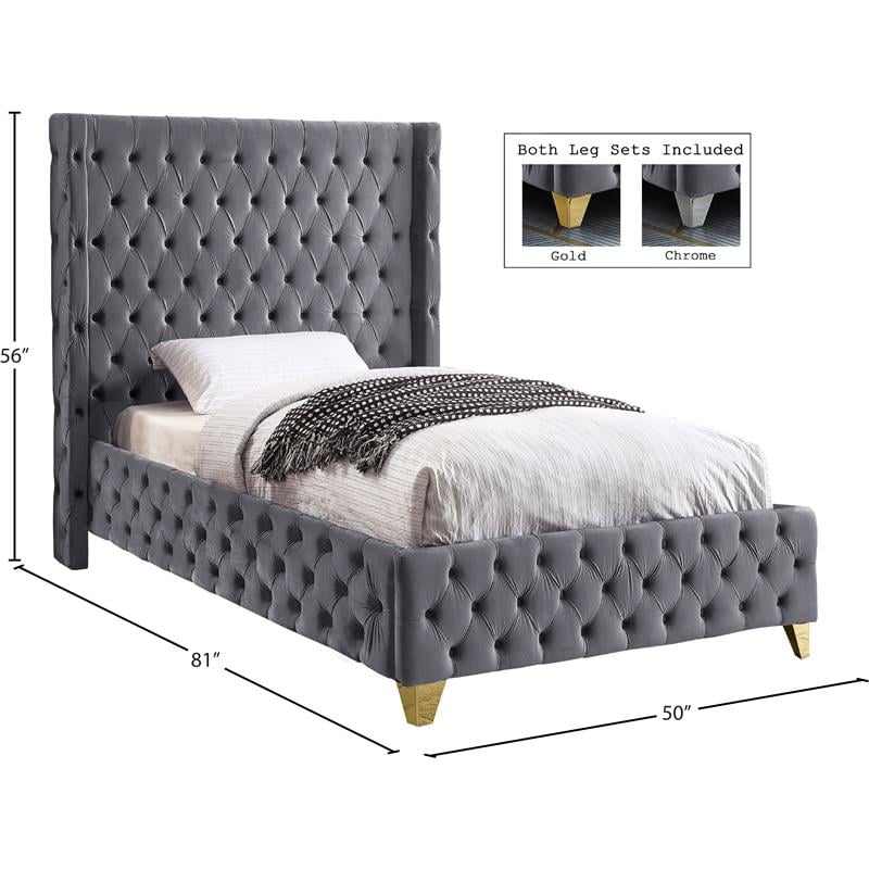 Meridian Furniture Savan Gray Velvet Twin Bed