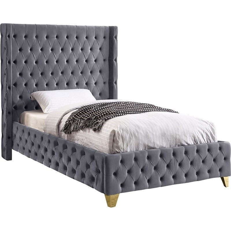 Meridian Furniture Savan Gray Velvet Twin Bed