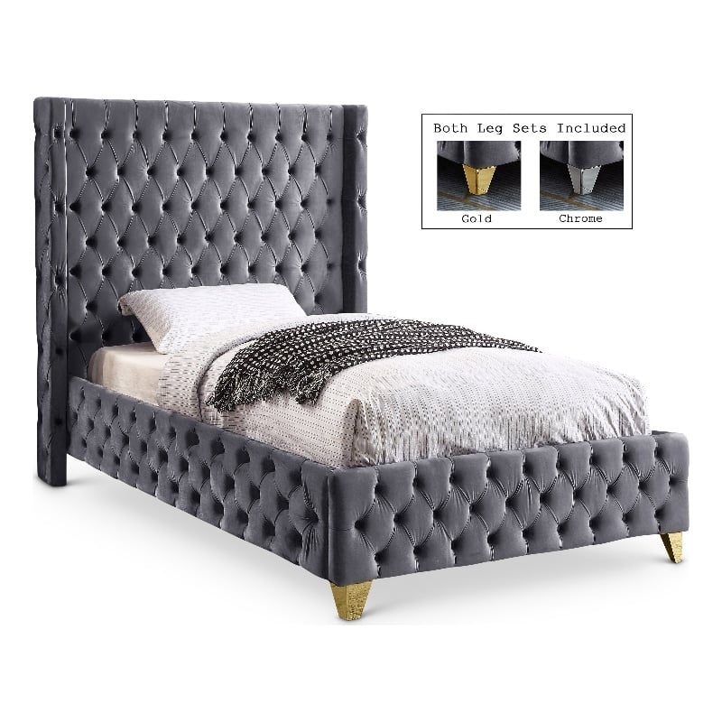 Meridian Furniture Savan Gray Velvet Twin Bed
