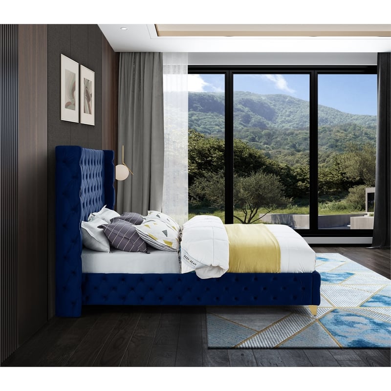 Meridian Furniture Savan Navy Velvet Full Bed
