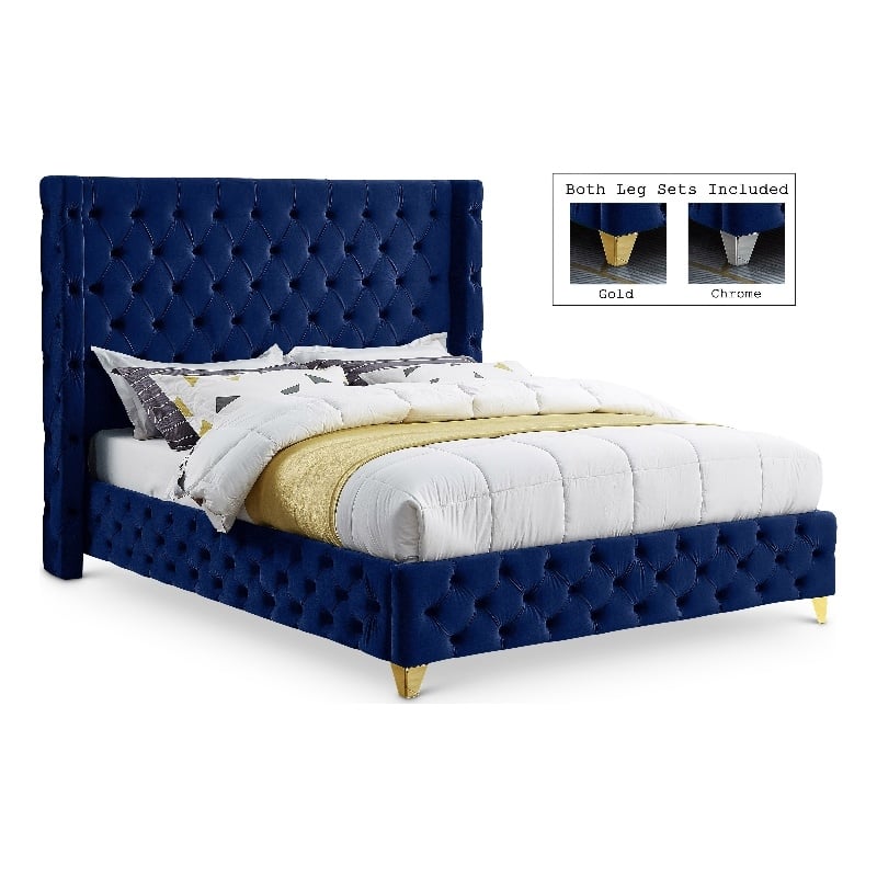 Meridian Furniture Savan Navy Velvet Full Bed