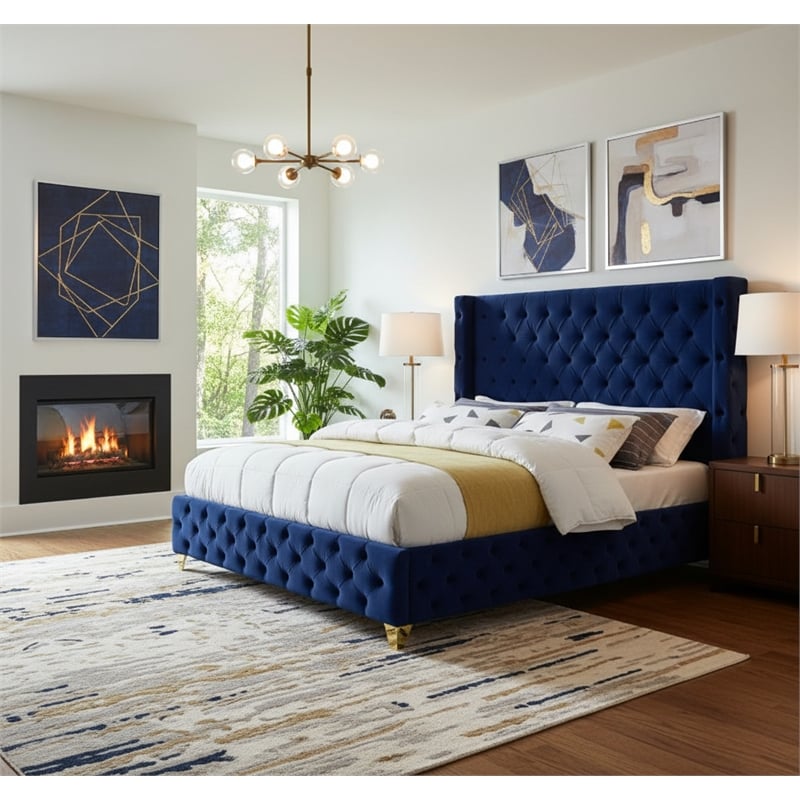 Meridian Furniture Savan Navy Velvet Full Bed