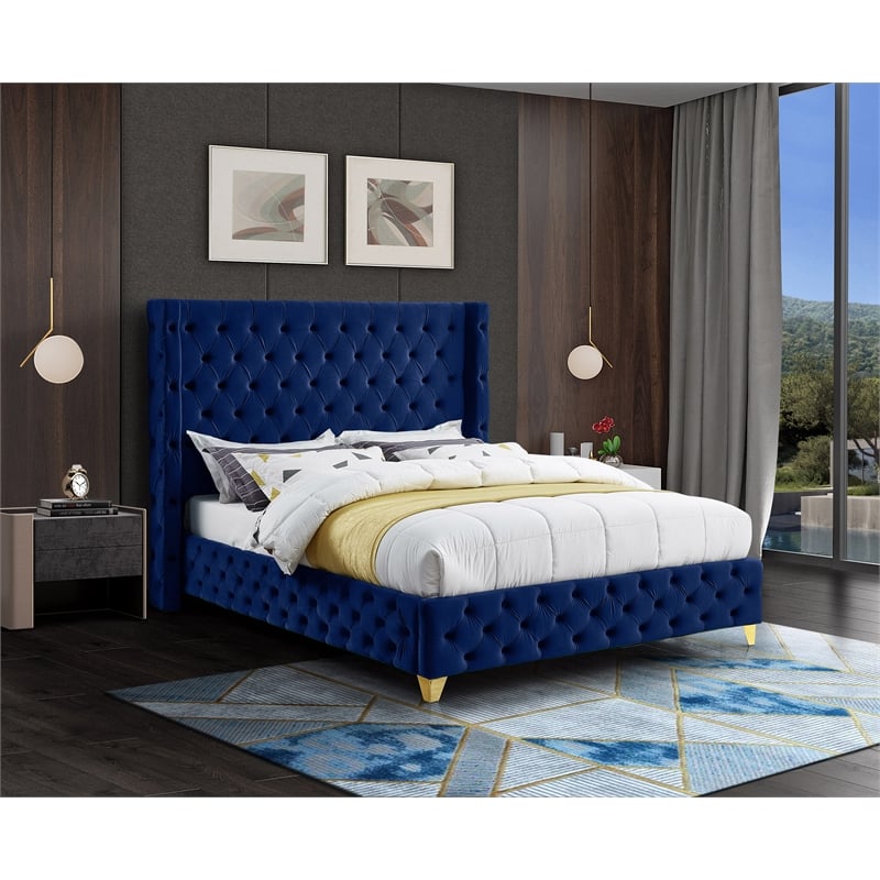 Meridian Furniture Savan Navy Velvet King Bed | BushFurnitureCollection.com