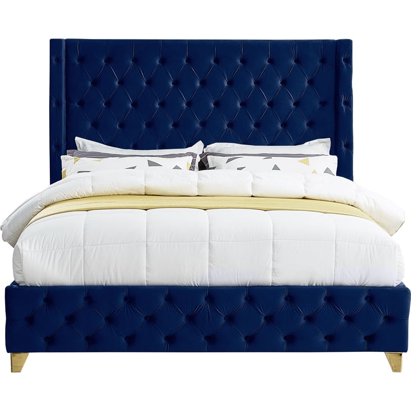 Meridian Furniture Savan Navy Velvet Queen Bed