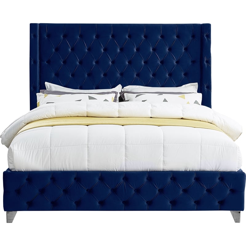 Meridian Furniture Savan Navy Velvet Queen Bed