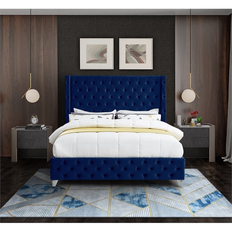 Meridian Furniture Savan Navy Velvet Queen Bed