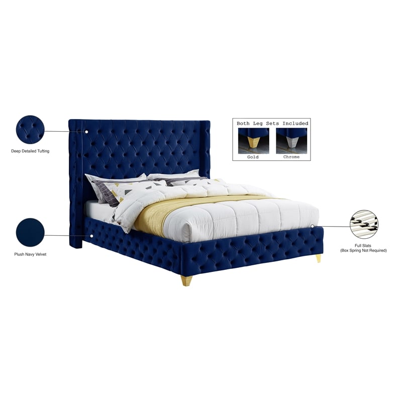 Meridian Furniture Savan Navy Velvet Queen Bed