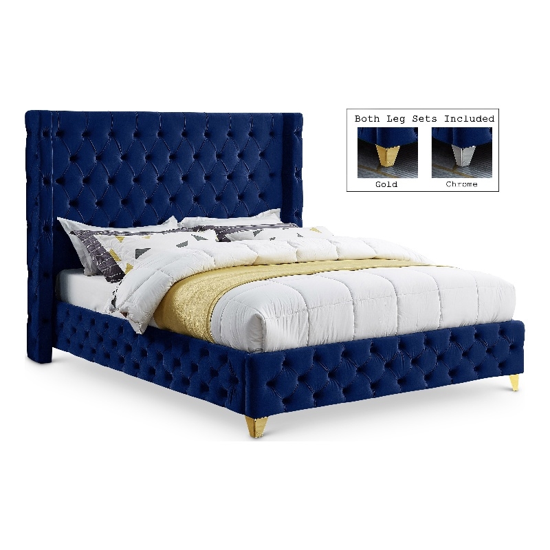 Meridian Furniture Savan Navy Velvet Queen Bed