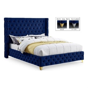 Meridian Furniture Savan Navy Velvet Queen Bed