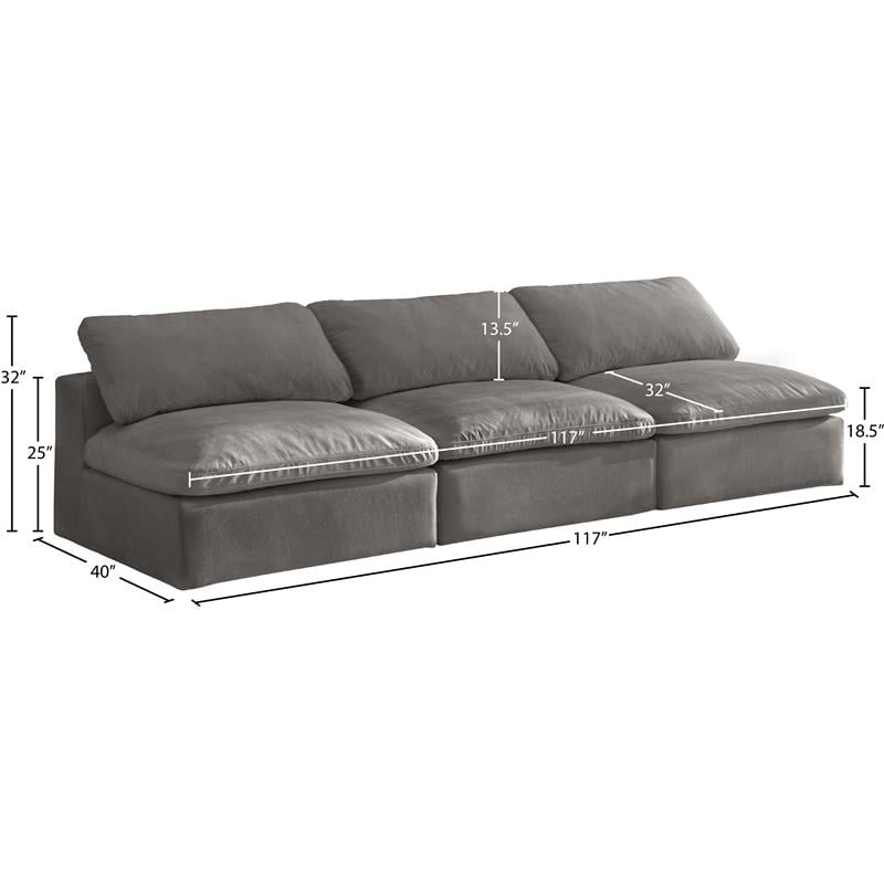 Meridian Furniture Cozy Gray Velvet Modular 3 Piece Armless Sofa