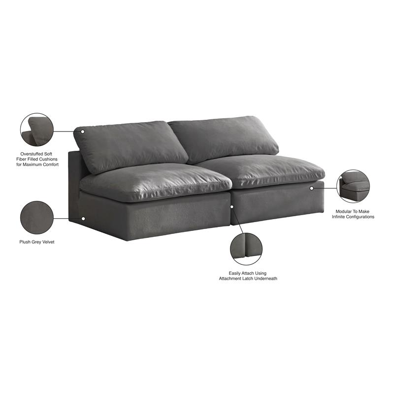 Meridian Furniture Cozy Gray Velvet Modular 2 Piece Armless Loveseat
