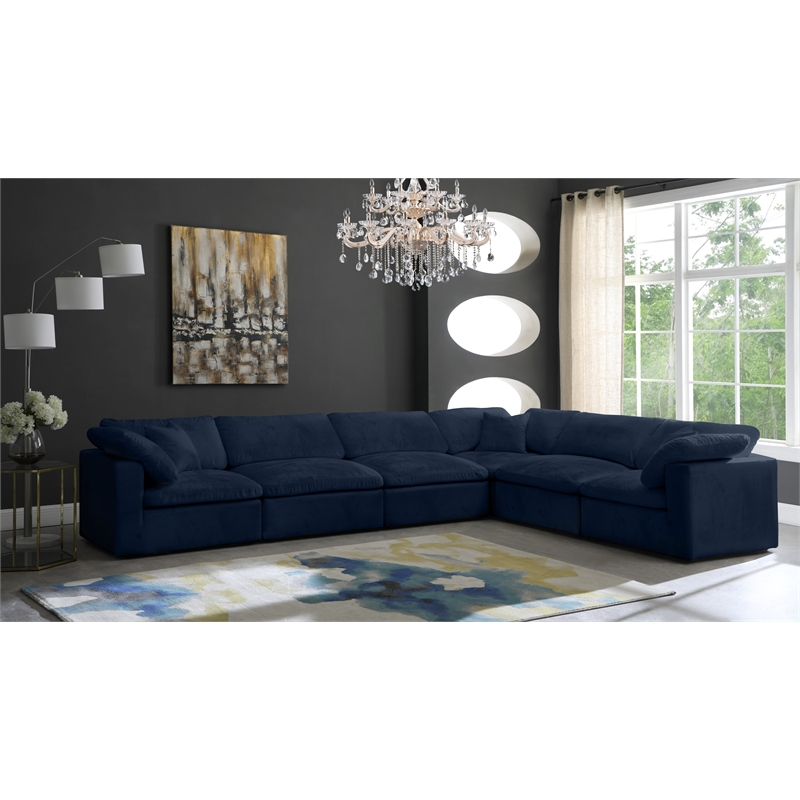 Meridian Furniture Cozy Navy Velvet Overstuffed Modular Sectional