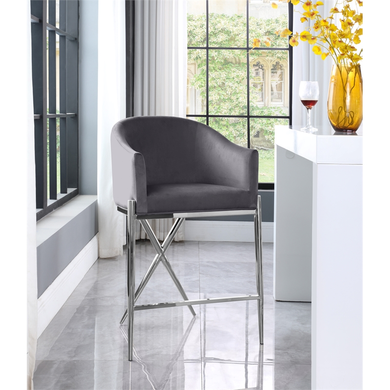 Meridian Furniture Xavier Gray Velvet Counter Stool with Chrome Metal Legs