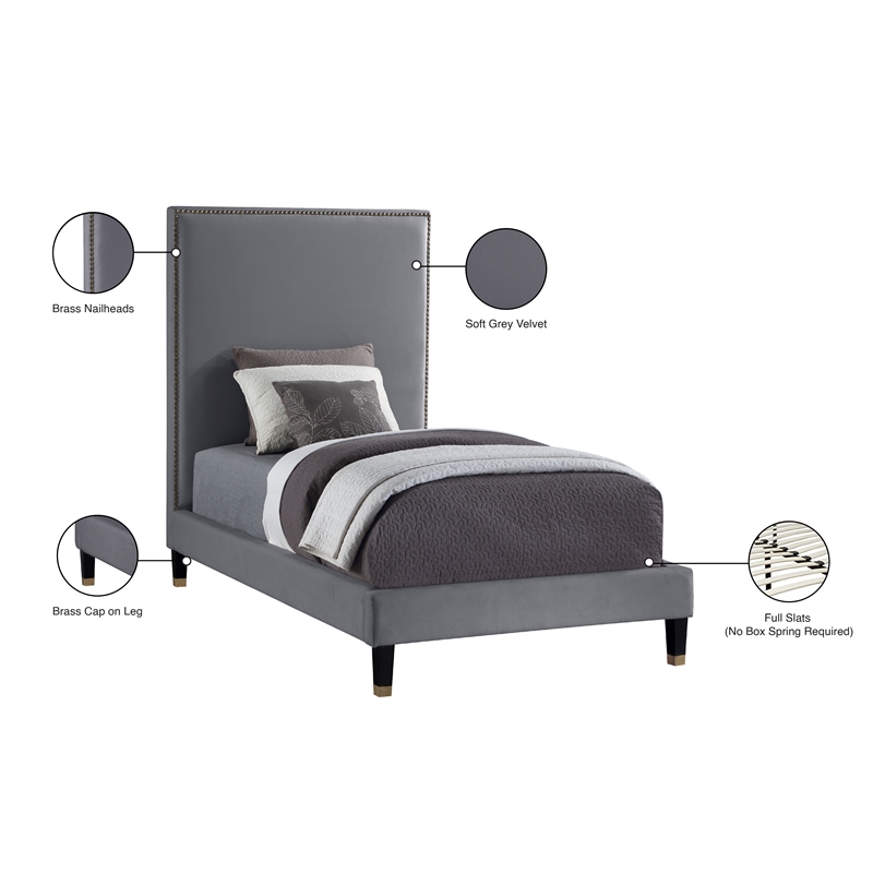 Meridian Furniture Harlie Gray Velvet Twin Bed