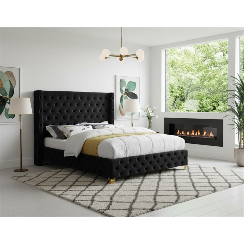 Meridian Furniture Savan Black Velvet Queen Bed