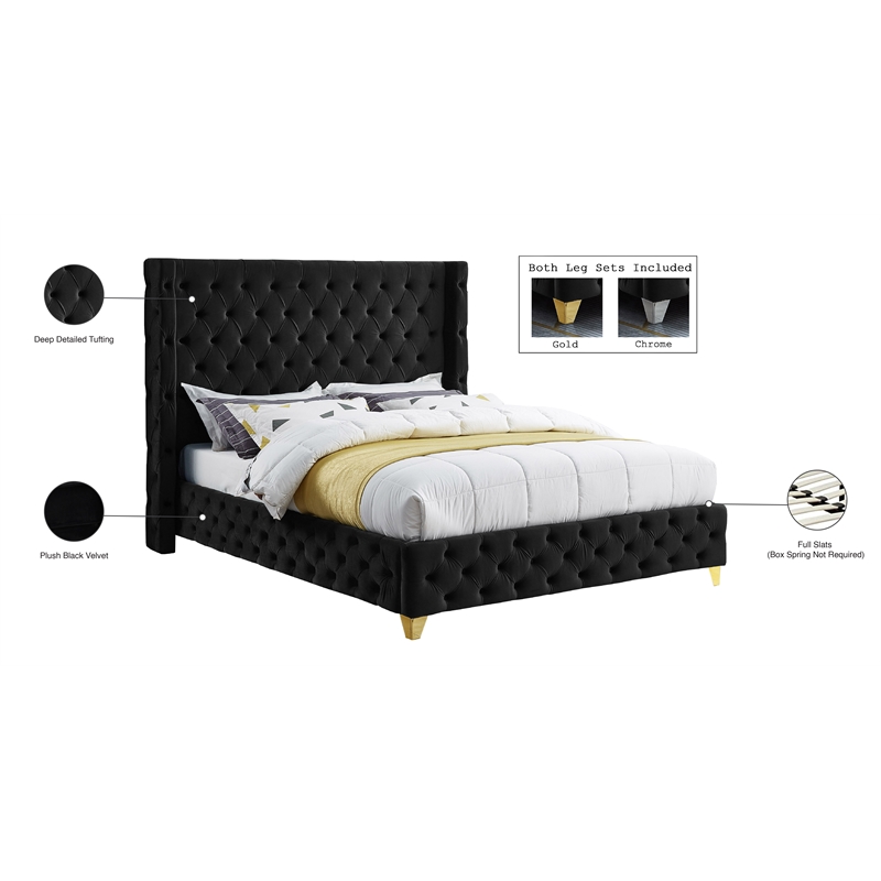 Meridian Furniture Savan Black Velvet Queen Bed
