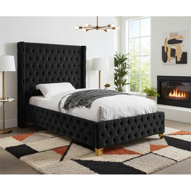 Meridian Furniture Savan Black Velvet Twin Bed