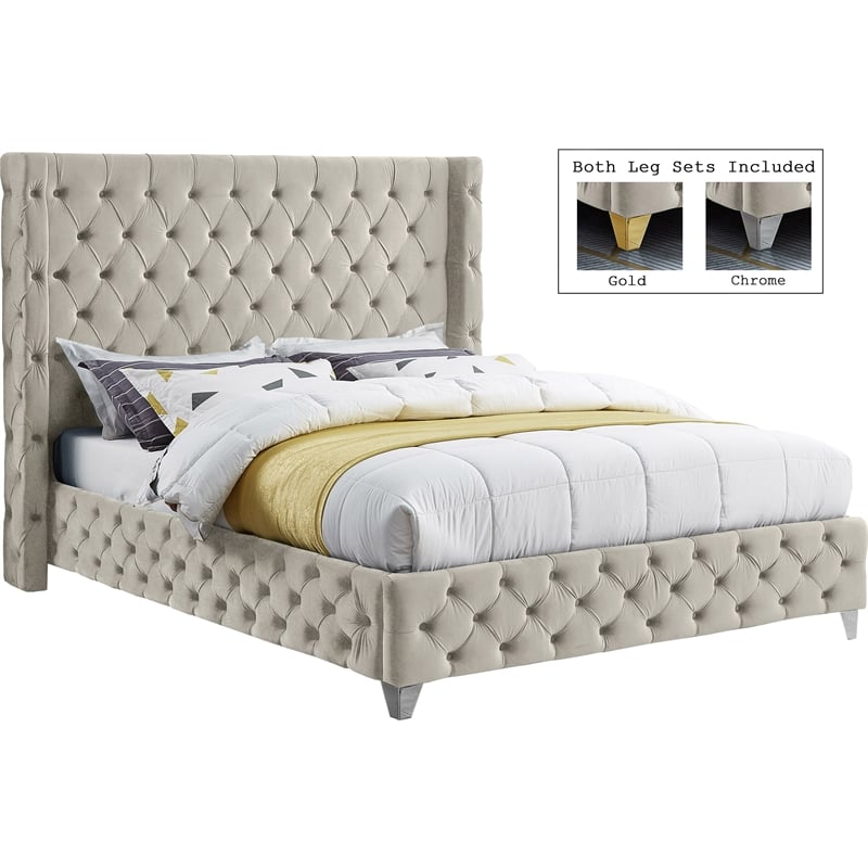 meridian furniture savan cream velvet queen bed